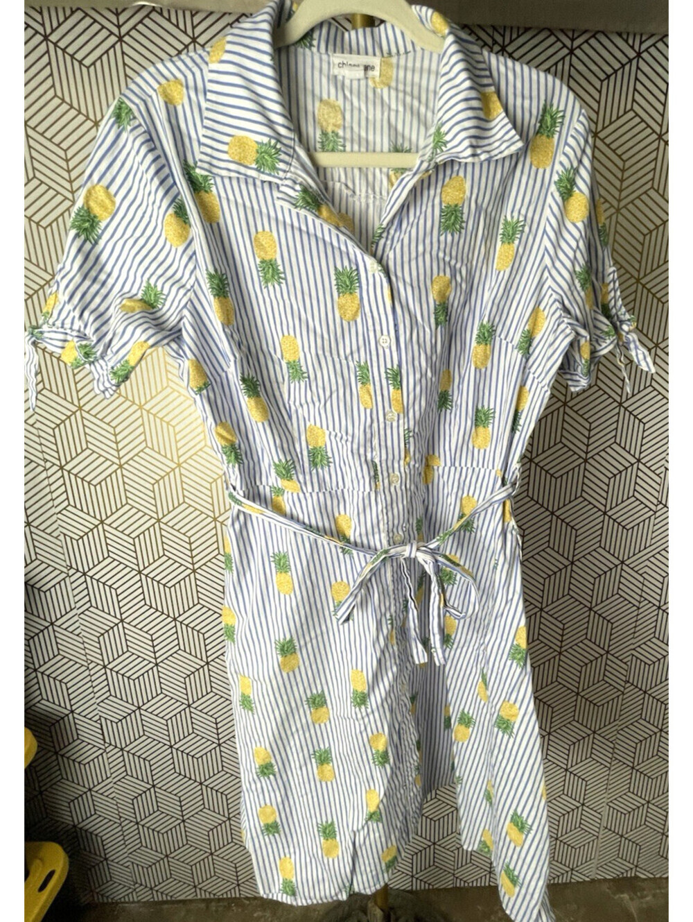 Chloe + Rene Blue White Striped Pineapple Shirt Dress Women's Sz L 100% Cotton